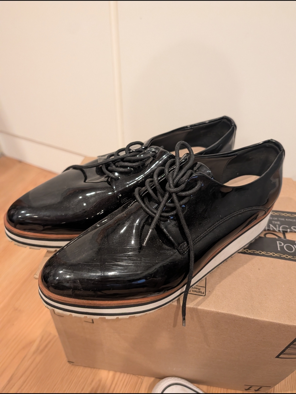 Aldo Black Patent Leather Lace-Up Platform Flats